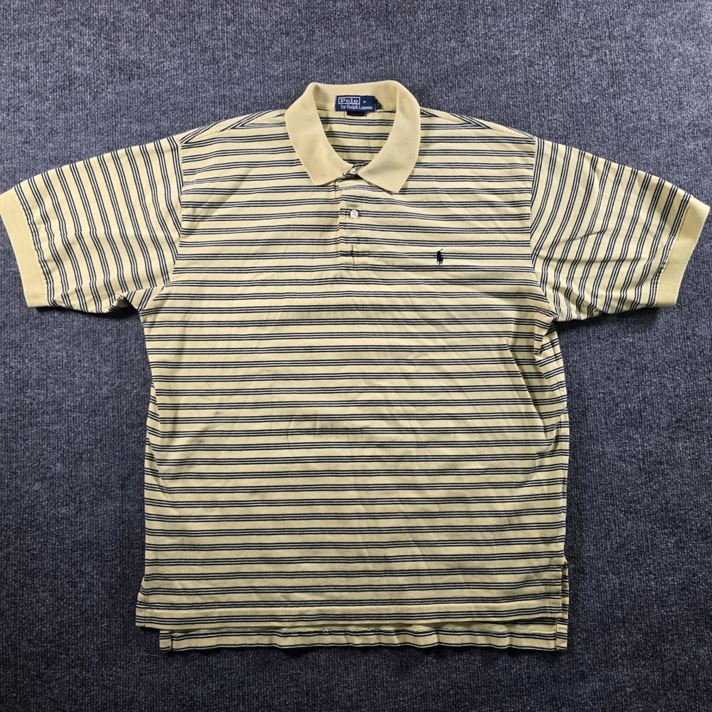 Polo Ralph Lauren Mens Large Yellow Navy Blue Striped Short Sleeve Polo Shirt